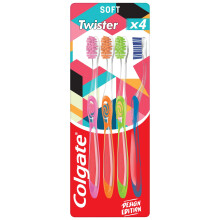 Colgate Twister Fresh Design Edition Soft Manual Toothbrush 4pk, multidimensional cleaning, removes odour-causing bacteria, cleans in between teeth a