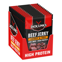 Jack Link's Beef Jerky, Sweet & Hot Flavour, Multipack of 12 x 25g Bags, High Protein Meat Snack, Sweet Seasoning and Hot Spices