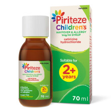 Piriteze Children’s Hayfever & Allergy Syrup. Sugar free, banana