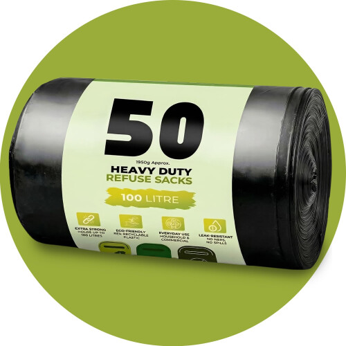 Black Bin Bags, 50 Pack, 100L, Leak-Resistant 1