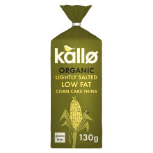 Kallo Organic Corn Cake Thins, Wholegrain Lightly Salted Slices, Low Fat Healthy Snacks, Vegan Friendly, Gluten Free & Sugar Free with No Artificial