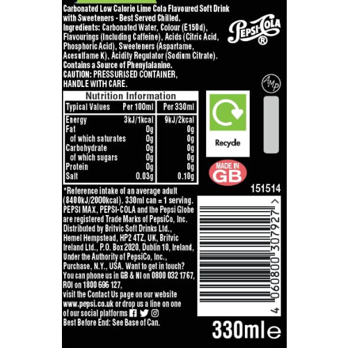 Pepsi Pepsi Max Lime Zero Sugar Cola Cans 24 x 330ml 2