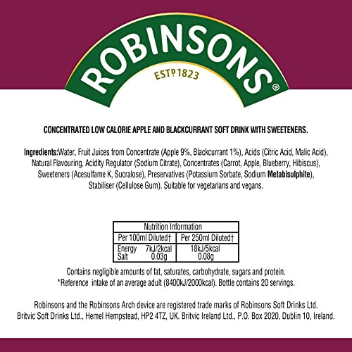 Robinsons Apple & Blackcurrant Squash No Added Sugar, 1l 1