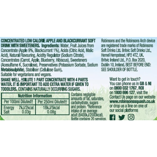Robinsons Apple & Blackcurrant Squash No Added Sugar, 1l 2