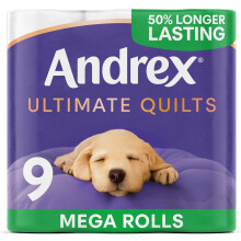 Andrex Ultimate Quilts Toilet Tissue 9 Mega Toilet Rolls - 13.5 Air Pocket Technology for Soft, Thick Sheets (Previously Andrex Supreme Quilts Toilet