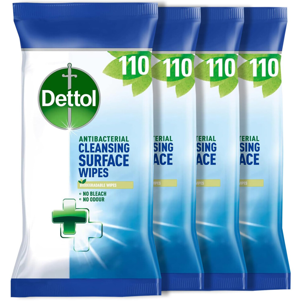 Dettol Antibacterial Cleansing Surface Wipes, Fragrance Free, 440 Wipes (110 X 4