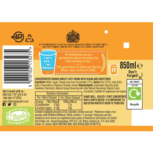 Robinsons Barley Water Orange, 850 ml 2