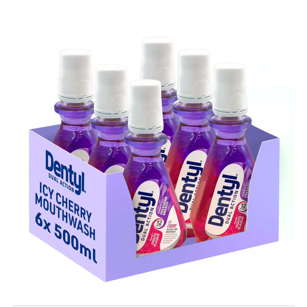 Dentyl Dual Action Cpc Mouthwash, 12Hrs Fresh Breath, Alcohol Free, Icy Cherry, Plaque-Reducing 6X500ml