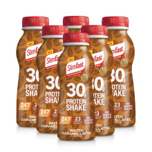 SlimFast • 30g Protein Meal Replacement Shake • Salted Caramel Latte Flavour • 242 Cals • 23 Vitamins + Minerals • No Added Sugar • Gut Fr