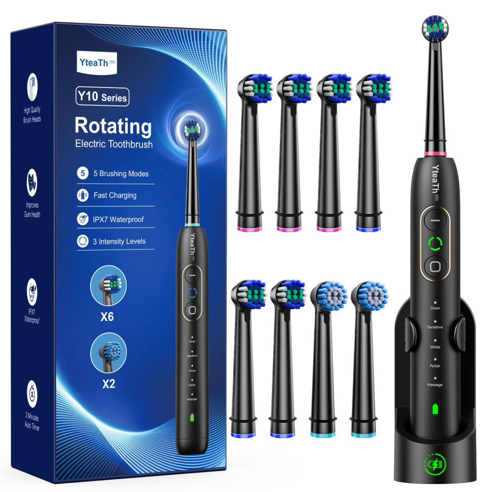 Yteath Pro Rotating Electric Toothbrush With 8 Brush Heads For Adults And Kids, 3 Intensities 5 Modes, Wireless Wall Charging Station, Sonic Toothbrush With 2-M