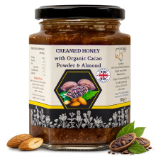Honey Creamed with Cacao Powder & Almonds 320g ? Made from Local Bees, Pure & Natural Raw Whipped Honey, Unprocessed, Unheated & Unfiltered, Smooth