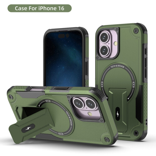 (iPhone 16, Armeegrün) iPhone Hülle stoßfest mit Ständer und Magnetring