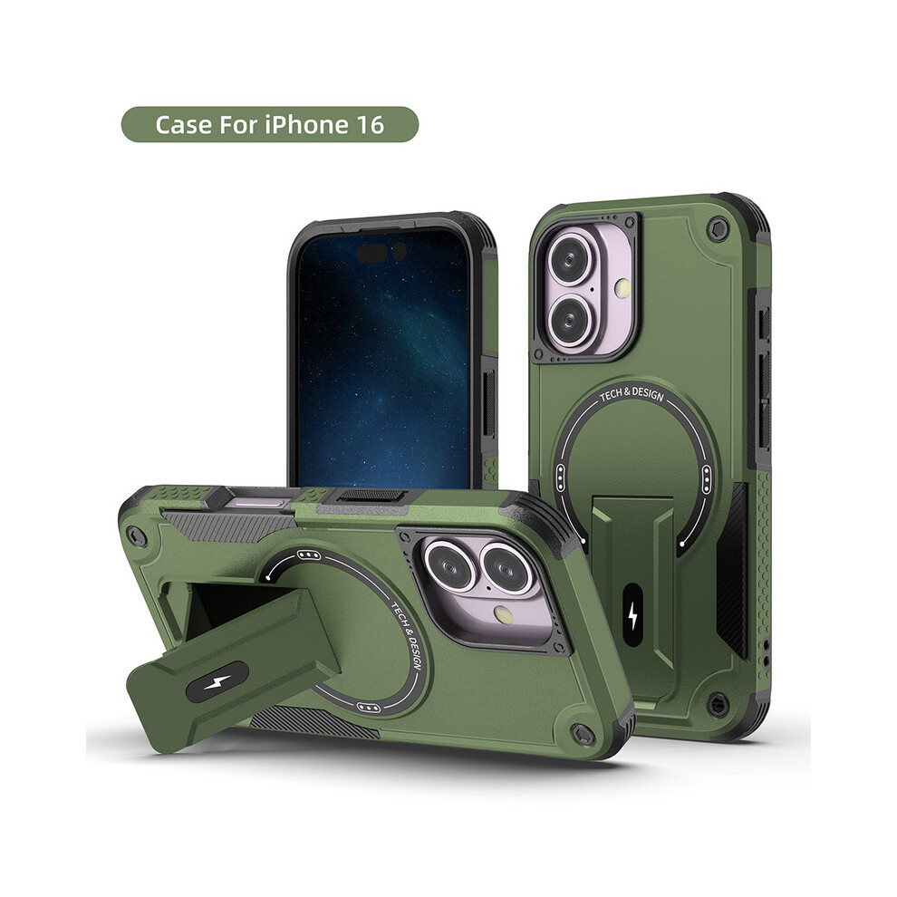 (Iphone 16, Army ) Magnetic Phone Case Shockproof Rugged Protective Cover With Kickstand, Anti-Slip Grip, Magnetic Charging Compatible Green 8006579630404