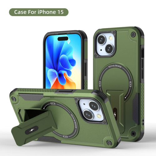 (iPhone 15, Armeegrün) iPhone Hülle stoßfest mit Ständer und Magnetring
