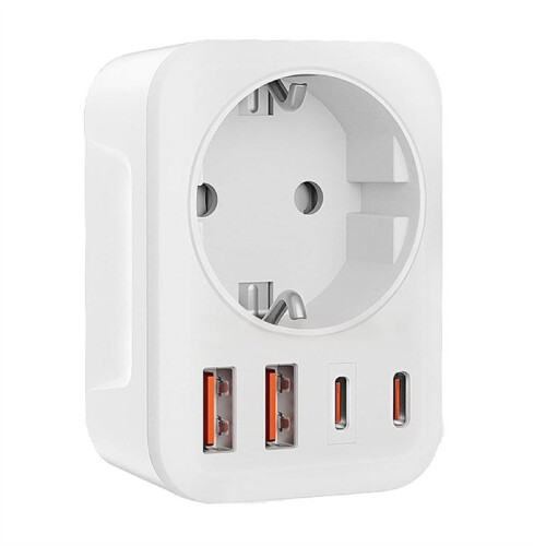 Double Plug for Socket, Power Strip with USB 2-Way Socket Adapter (4000 W 16 A) with 2 USB A and 2 USB C EU Plug