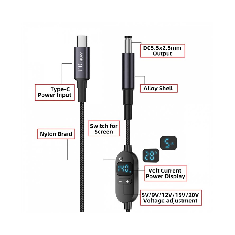 Usb C To Jack 140W Power Cable Type C Usb-C Input To 20V 15V 12V 9V 5V 5.5X2.5mm Output Power Led Display Light 6033340114476