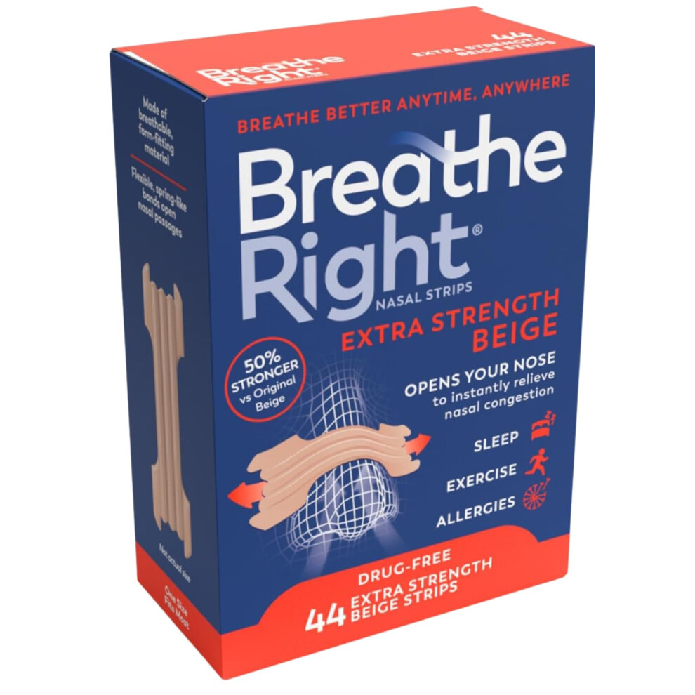Breathe Right Beige Extra Strength 44 Pieces, Nasal Strips For Snoring, Nose Strips For Breathing, Blocked Nose Relief, Drug-Free Snoring Aid For Men