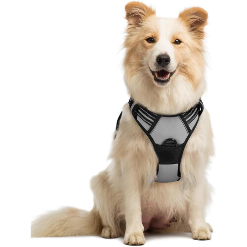 Size M Grey Anti Pull Dog Harness Adjustable Reflective with Front Attachment