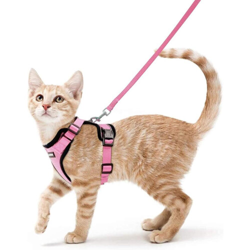 Size S Pink Cat Harness Adjustable Reflective Breathable Vest with Leash