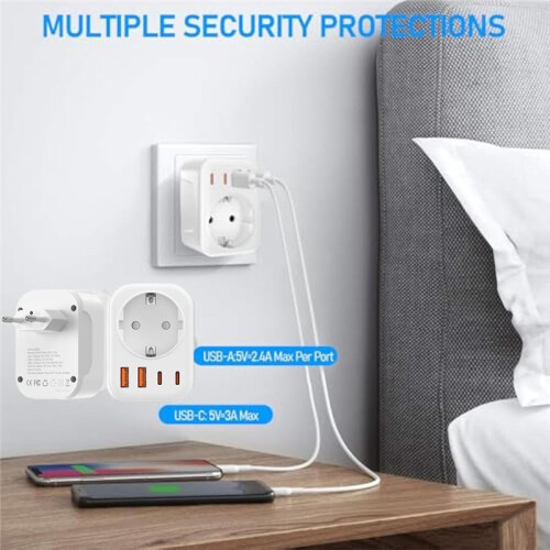 Double Plug for Socket, Power Strip with USB 2-Way Socket Adapter (4000 W 16 A) with 2 USB A and 2 USB C EU Plug 2
