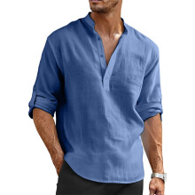 Mens Linen Shirts Casual Cotton Linen Long Sleeve-Blue M