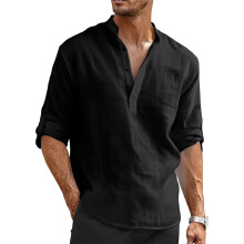 Cotton Linen Shirts for Men Lightweight Casual Long-Black XL