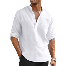 Men's Casual Shirts Band Collar Long Sleeve Shirt-White L