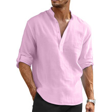 Men's Long Sleeve Linen Shirts Quick-Drying Stylish-Pink XL