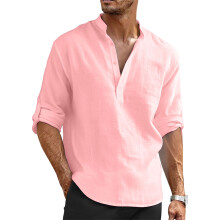 Mens Linen Shirts Casual Cotton Linen Long Sleeve-Red 5XL