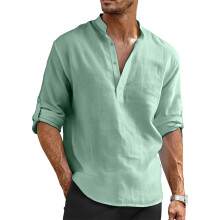 Men's Cotton Linen T-Shirt Long Sleeve Hippie Casual-Green M