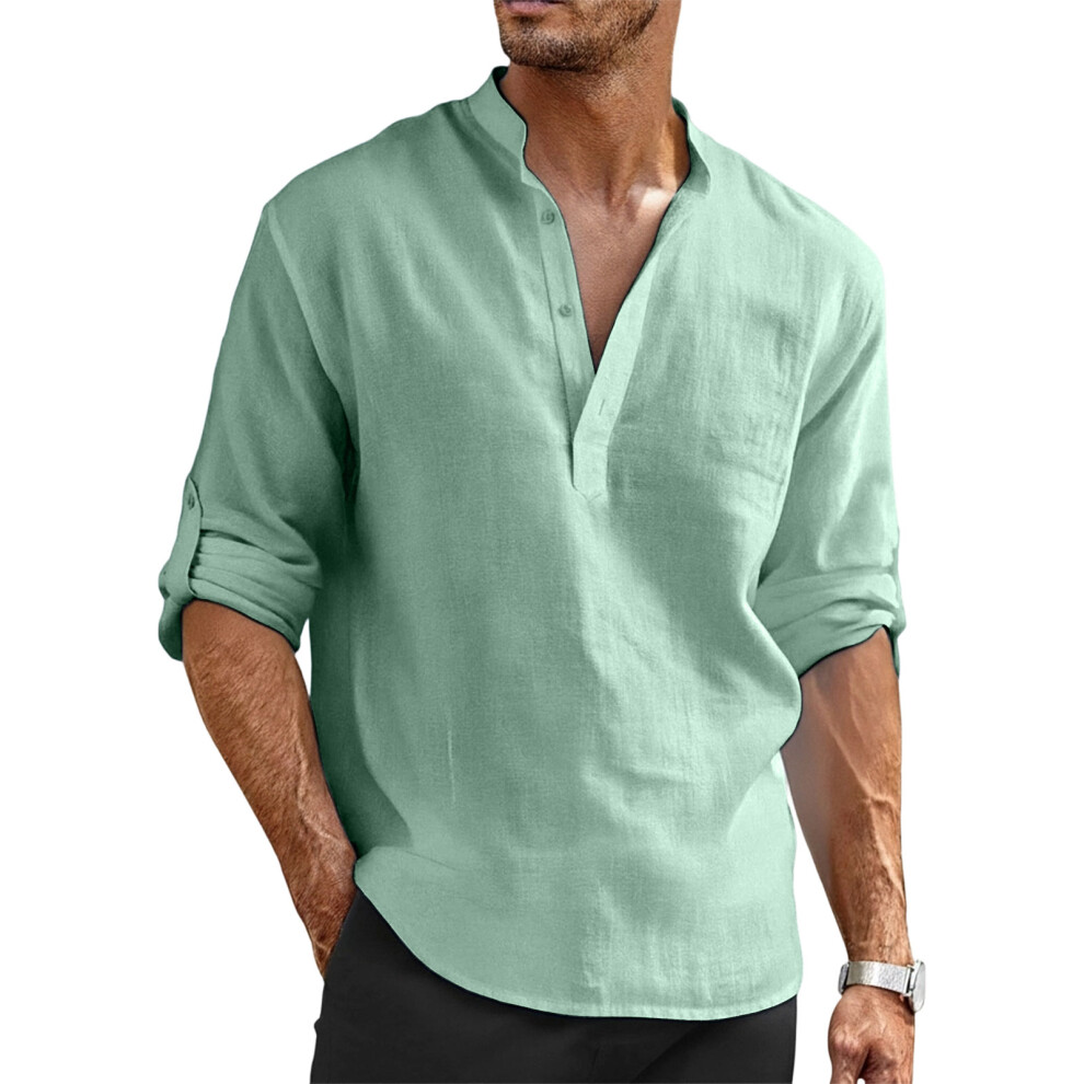 Green Men's Cotton Linen T-Shirt Long Sleeve Hippie Casual- M