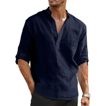 Mens Linen Shirts Long Sleeve Hippie Yoga Summer-Navy Blue S