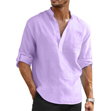 Mens Linen Shirts Casual Cotton Linen Long Sleeve-Purple XXL