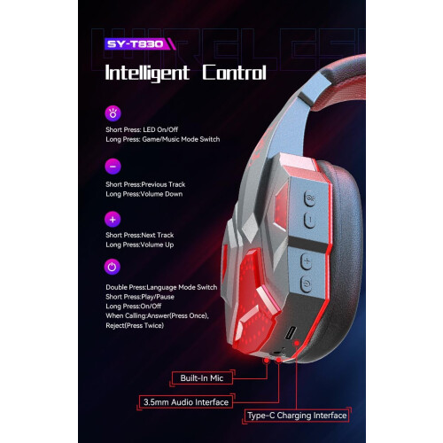 Gaming Headset SY-T830 – Bluetooth 5.3, LED, Over-Ear, ANC 2