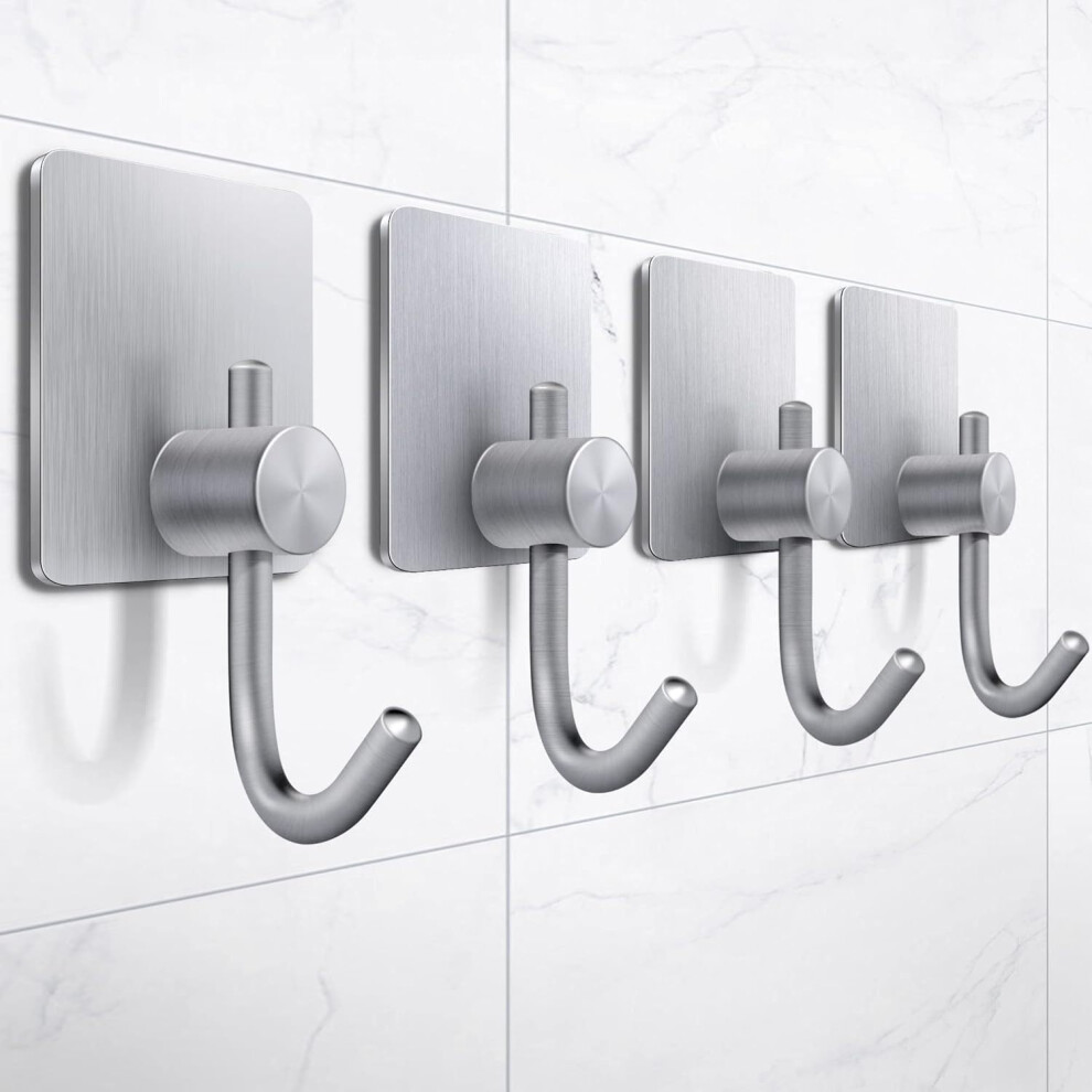 4Pack 304 Stainless Steel Adhesive Hooks For Bathroom And Kitchen, Long Nose Wall Mount Towel Hooks, Rustresistant Silver Finish 9330225544555