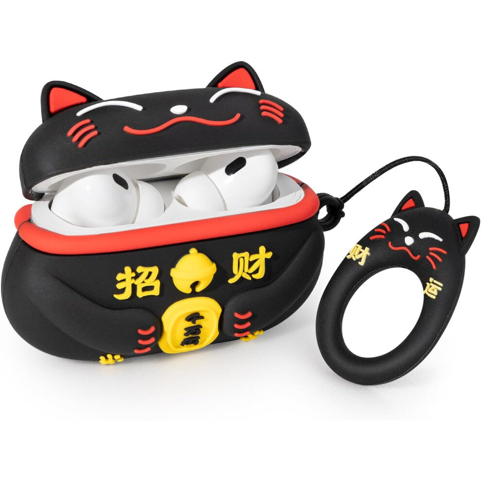 3D Cartoon Lucky Cat Silicone Airpods Case With Keychain 8583307383288
