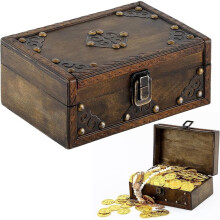 Wooden Treasure Chest with Hinged Lid for Jewelry Storage Coins Trinkets Rustic Decorative Box for Table Home Decor