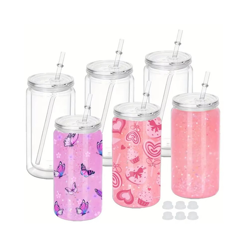 Tauoh 6Pcs 16Oz Double Wall Insulated Plastic Water Bottles With Straws Lids Diy Snowball Cup With Pre Drilled Hole A