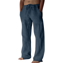 Cotton Linen Pants Men Casual Loose Fit Elastic-Dark Blue XXL