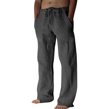Cotton Linen Pants Men Casual Loose Fit Elastic-Dark Grey XXL