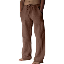 Cotton Linen Pants Men Casual Loose Fit Elastic-dark brown XXXL