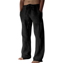Cotton Linen Pants Men Casual Loose Fit Elastic-Black S