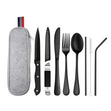 Travel Cutlery Set, 9-Piece Stainless Steel Set Outdoor Knives and Forks Set, Portable Camping Utensils with Case, Black