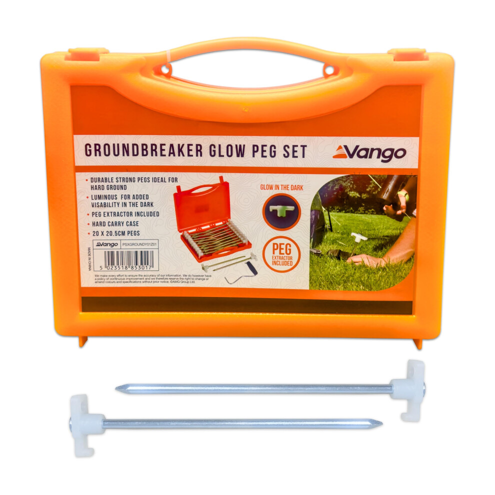 Vango Groundbreaker Heavy Duty Tent Pegs - 20.5Cm X 20 Pack Galvanised Steel Glow In The Pegs For Outdoor And Camping With Storage Case And Peg Dark