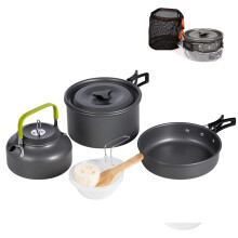 Outdoor Camping Cookware Mess Kit, with Folding Cookset Teapot and Pans Set, Non-Stick Lightweight Pots, Mesh Storage Bag for Camping, Backpacking,