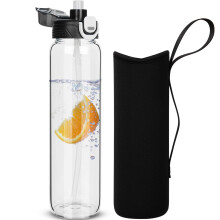 DEARRAY 1l Glass Water Bottle with Straw & Neoprene Sleeve 1 litre BPA free Glass Drinking Bottle Leakproof