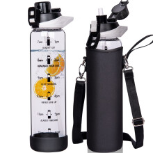 Seekua 1l Large Glass Water Bottle with Straw & Time Markings 1 litre Big Motivational Glass Drinking Bottle BPA free Leakproof