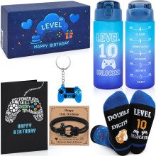 EccoDen 10th Birthday Gifts for Boys Age 10 ? Funny Gamer Gift Set with Sports Water Bottle, Gamepad Keyring, Level 10 Socks & Bracelet ? Cool