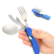 senvenelec 4 in 1 Camping Cutlery Set, Stainless Steel Fork Spoon Opener Set, Camping Cutlery Set/Travel/Survival - Foldable Detachable - Blue