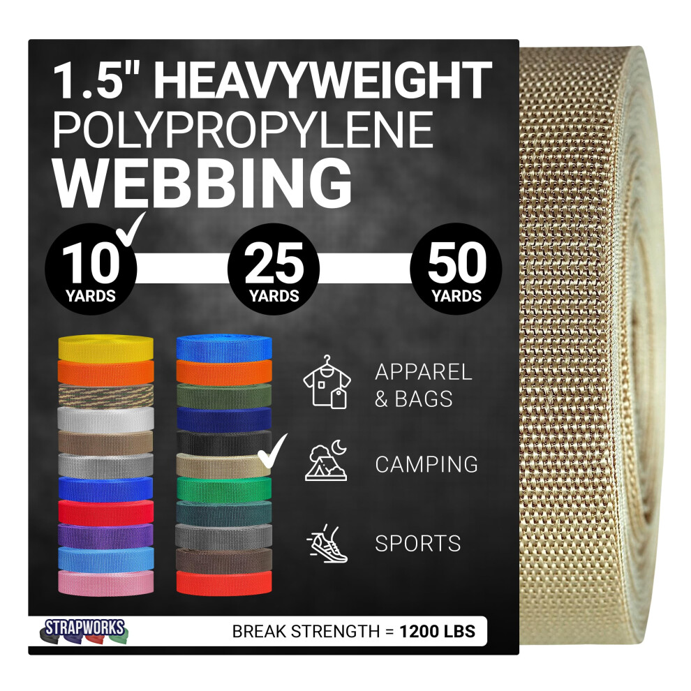 Strapworks Heavy Duty Poly Strapping For Outdoor Diy Gear Repair, 1.5 Inch, Khaki, Polypropylene, 1.5" X 10 Yard 5051224840304